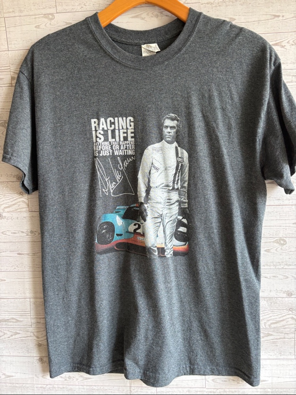 Vintage Steve McQueen Racing is Life Graphic Tee Shirt gray size large